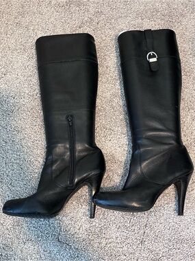 Banana Republic Black Leather Knee-High Heeled Boots with Buckle